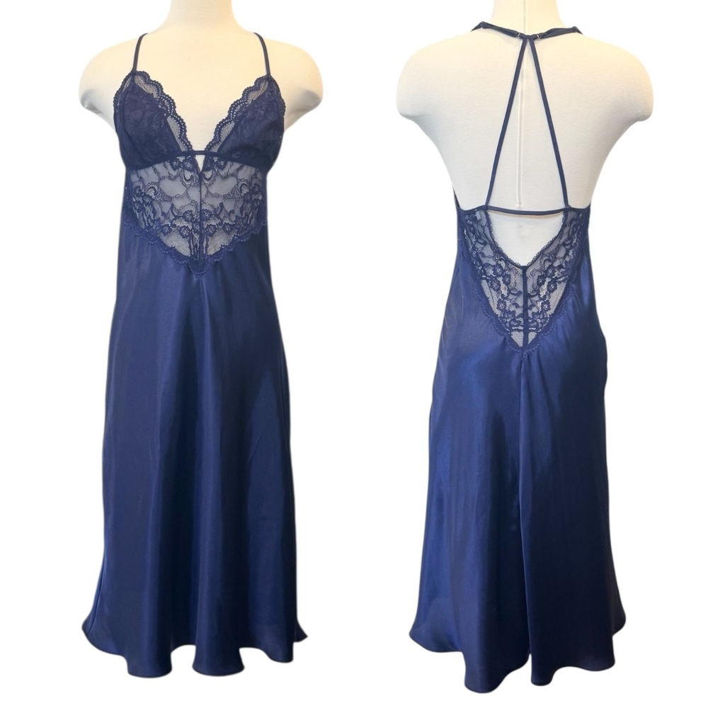 In Bloom by Jonquil Stretch Lace Silky Satin Deep Blue Sheer Chemise Slip Dress - Picture 4 of 7